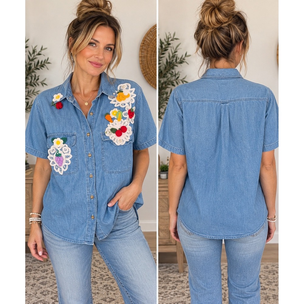Upper West Side Shirt Denim Crochet Fruit Lace Doily Cottagecore Medium